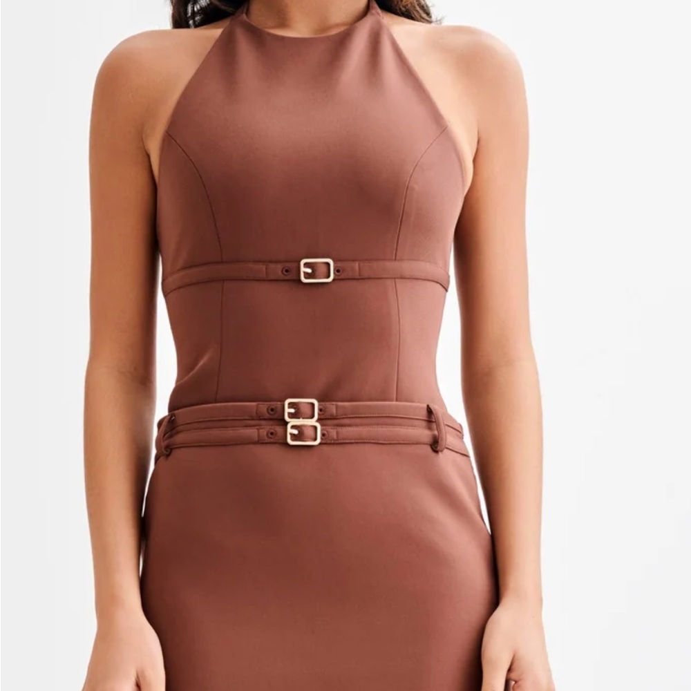 Elegant Brown Halter Top with buckle - wood color